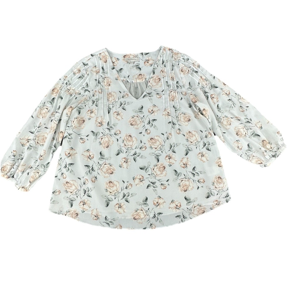 Skies Are Blue Floral Blouse Small Light Blue Sheer Lined V Neck Long Sleeve Top